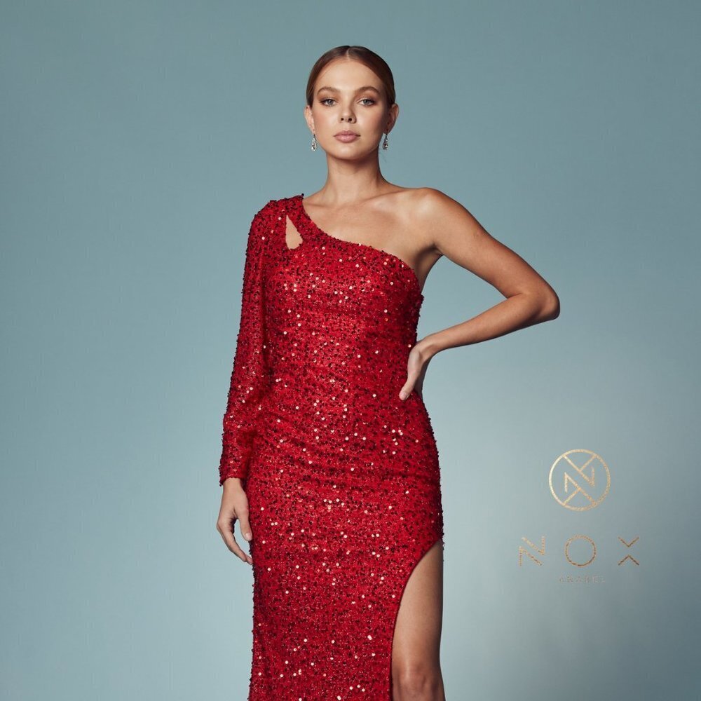 NEW ONE SHOULDER SEQUIN GOWN WITH CUT OUT DETAIL AND A SLIT ON SKIRT NXS1013